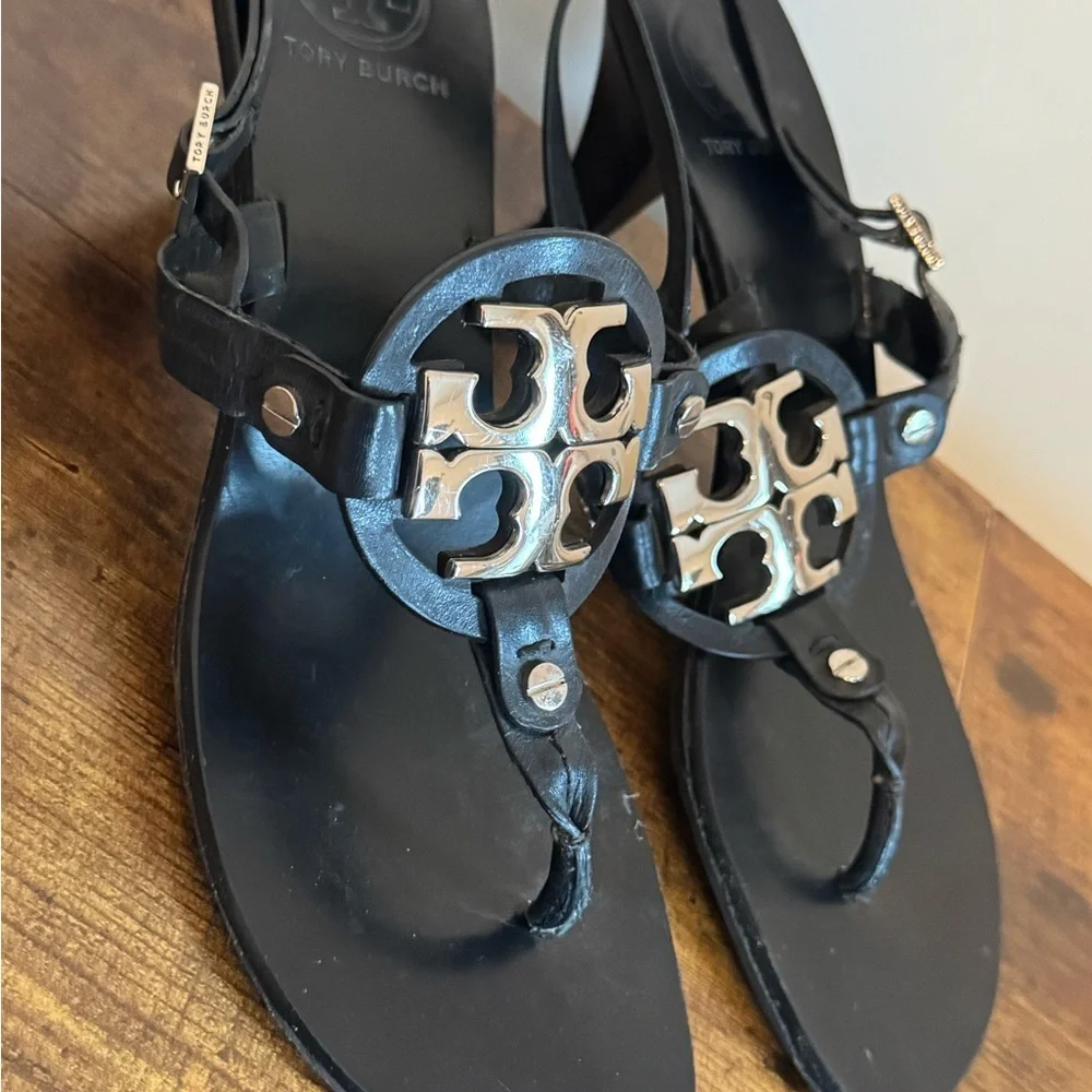 Tory Burch Black Thong Sandals with Silver Logo Size 8M